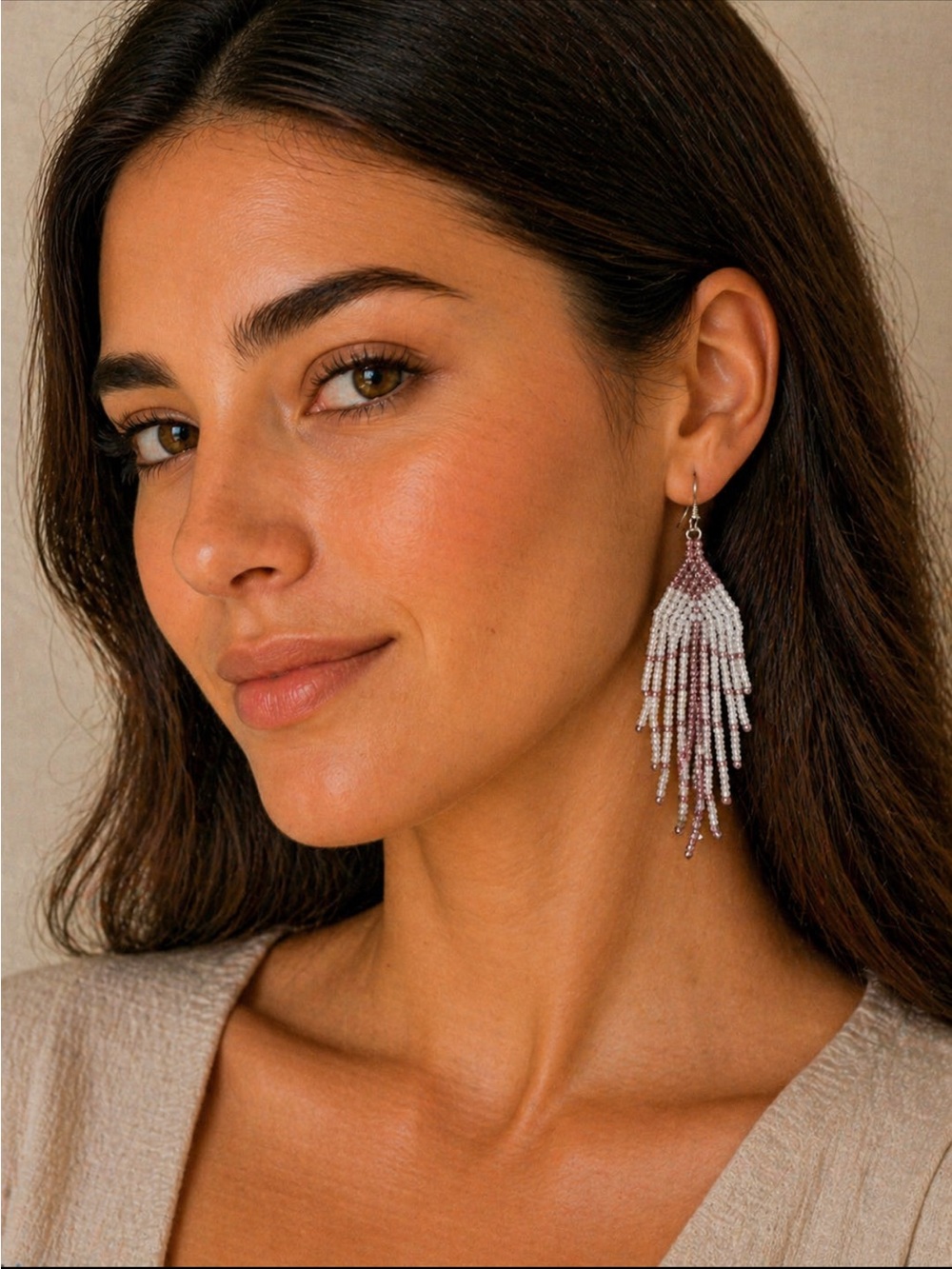 Boho Beaded Fringe Earrings in Light Pink - Women Jewelry - Picture 3 of 3